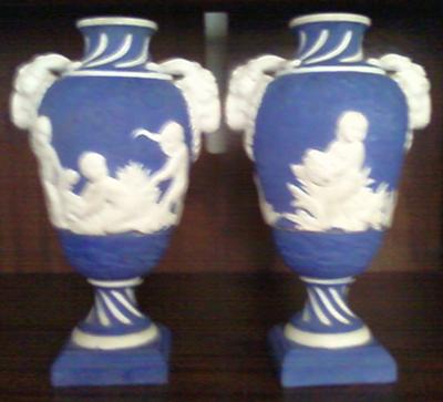 Blue & White Painted Bas Relief Vases