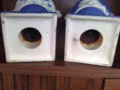 Blue & White Painted Bas Relief Vases