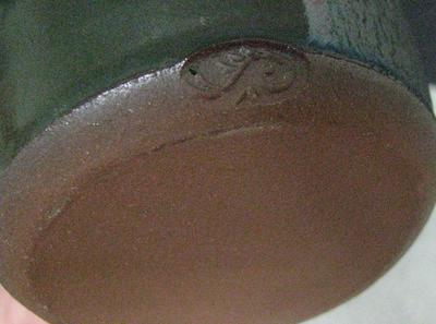 Art Pottery Studio pitcher with impressed whale or fish mark or 'P'