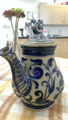 Interesting blue and white arts and crafts aesthetic style teapot Mystery