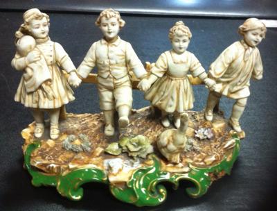 Porcelain Mark Backtamp  on Figural Group of Skipping Children - Crown above shield with B (or Sv) over  Letter M