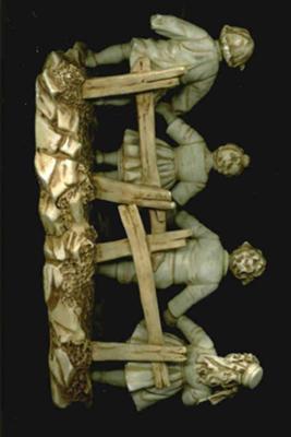 Porcelain Mark Backtamp  on Figural Group of Skipping Children - Crown above shield with B (or Sv) over  Letter M