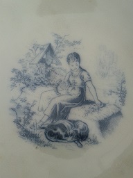 Blue & White Pottery Cake Stand with Girl & Dog