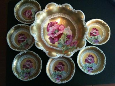 Serving Bowl with (6) individual bowls - Pottery Mark Query - Austria:  single eagle above shield