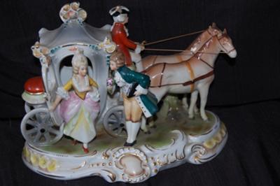 Pottery Mark Query  point crown w H and S?? --- figurine of lady stepping out of carriage with horses and footmen