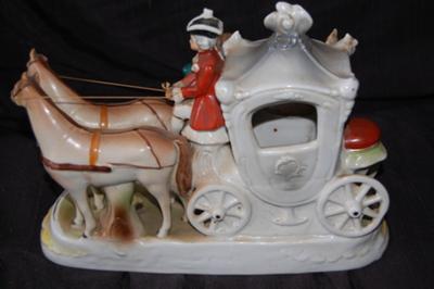 Pottery Mark Query  point crown w H and S?? --- figurine of lady stepping out of carriage with horses and footmen