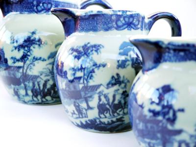 Set of 3 Blue and White Heavy Pottery Pitchers, illegible mark looks like 2 lions rampant or lion & unicorn