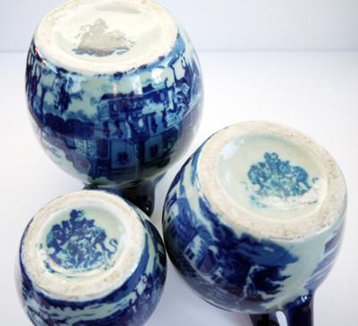 Set of 3 Blue and White Heavy Pottery Pitchers, illegible mark looks like 2 lions rampant or lion & unicorn