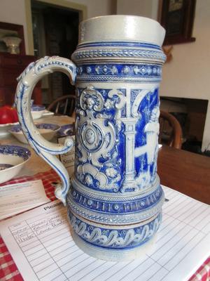 Ornate Stoneware Stein Pitcher with triangle Mark