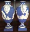 Blue & White Painted Bas Relief Vases