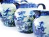 Set of 3 Blue and White Heavy Pottery Pitchers, illegible mark looks like 2 lions rampant or lion & unicorn