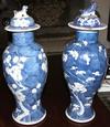 Set of 4 Blue Oriental characters on two similar blue jars