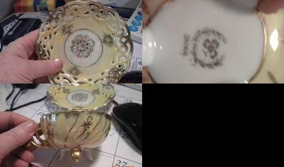 wreath with cloverleaf and japan on reticulated teacup and saucer